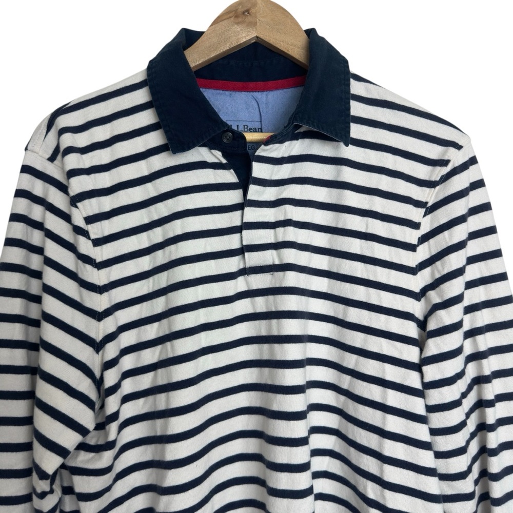 LL Bean Mens Polo Shirt Striped Long Sleeve Cotton Rugby Heritage Collegiate - Picture 2 of 9